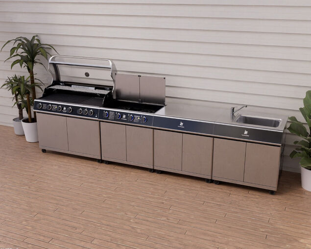 Beefmaster Deluxe 6 Burner Outdoor Kitchen with Range, Sink & Bench on Deluxe Carts