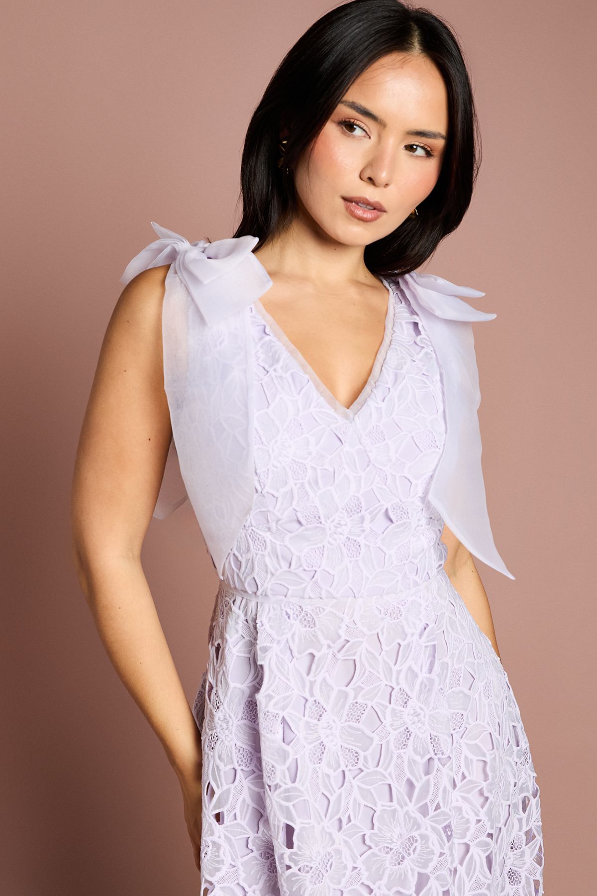 Coast Petite Bow Shoulder Organza Lace Midi Dress