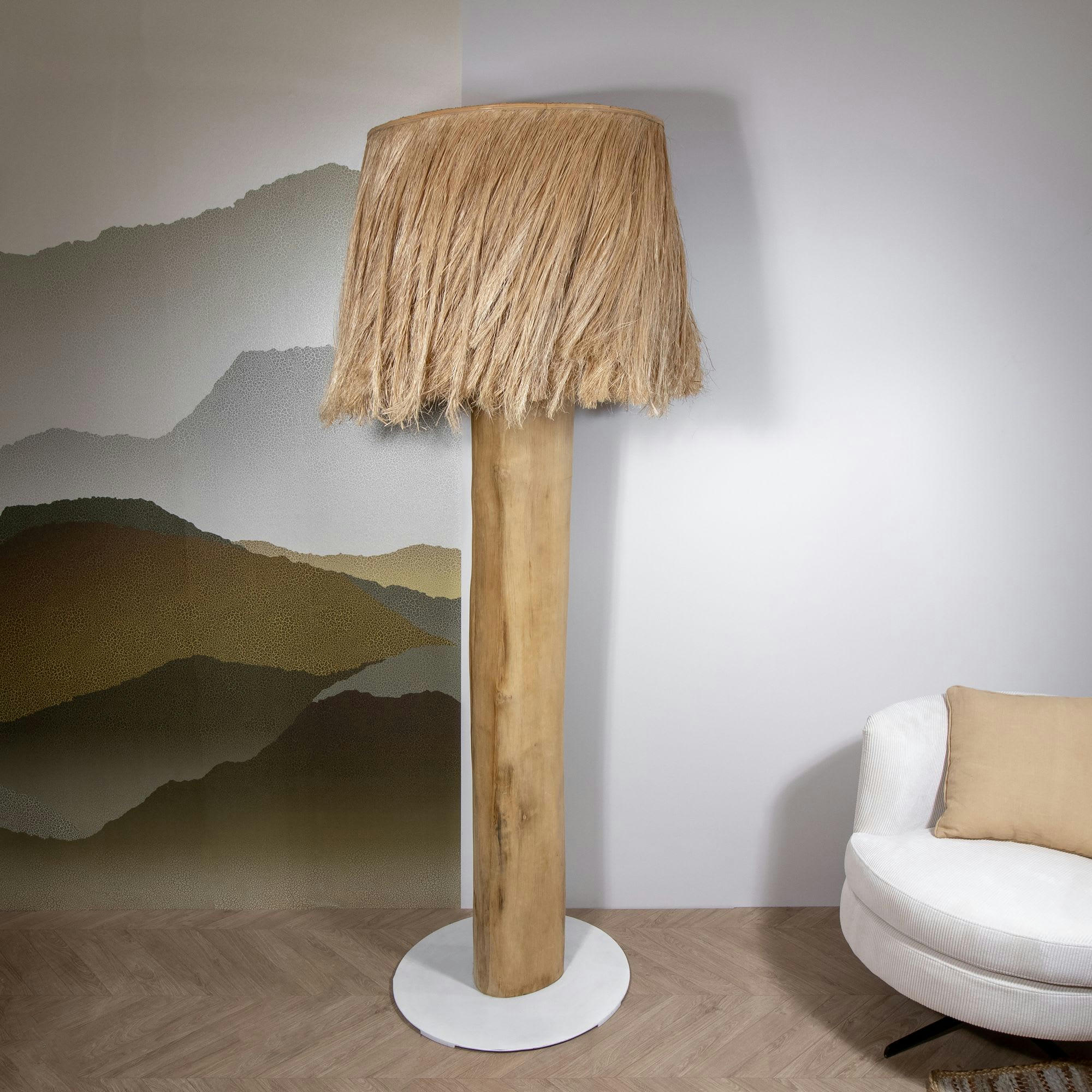SIARGAO - Lampadaire en bois d'acajou et abat jour en abaca h190cm