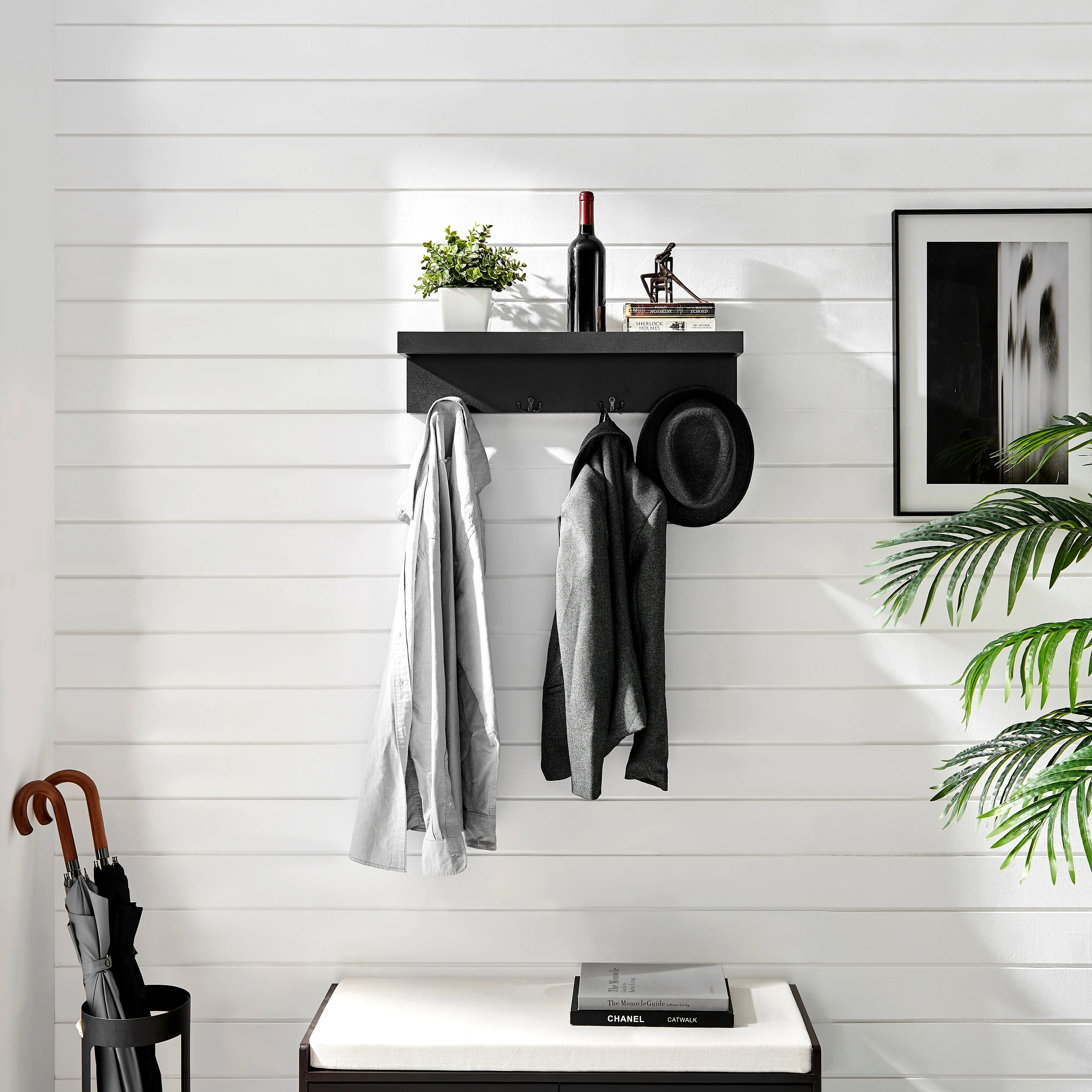 Danya B. Entryway Wall Coat Rack with Decorative Ledge Shelf and Hooks