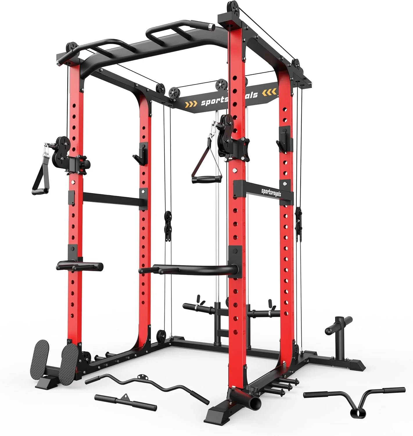 Sportsroyals Power Cage,1600lbs Multi-Function Power Rack with Adjustable Cable Crossover System and More Training Attachment, Weight Cage for Home Gym(Pro Power Cage -Red)