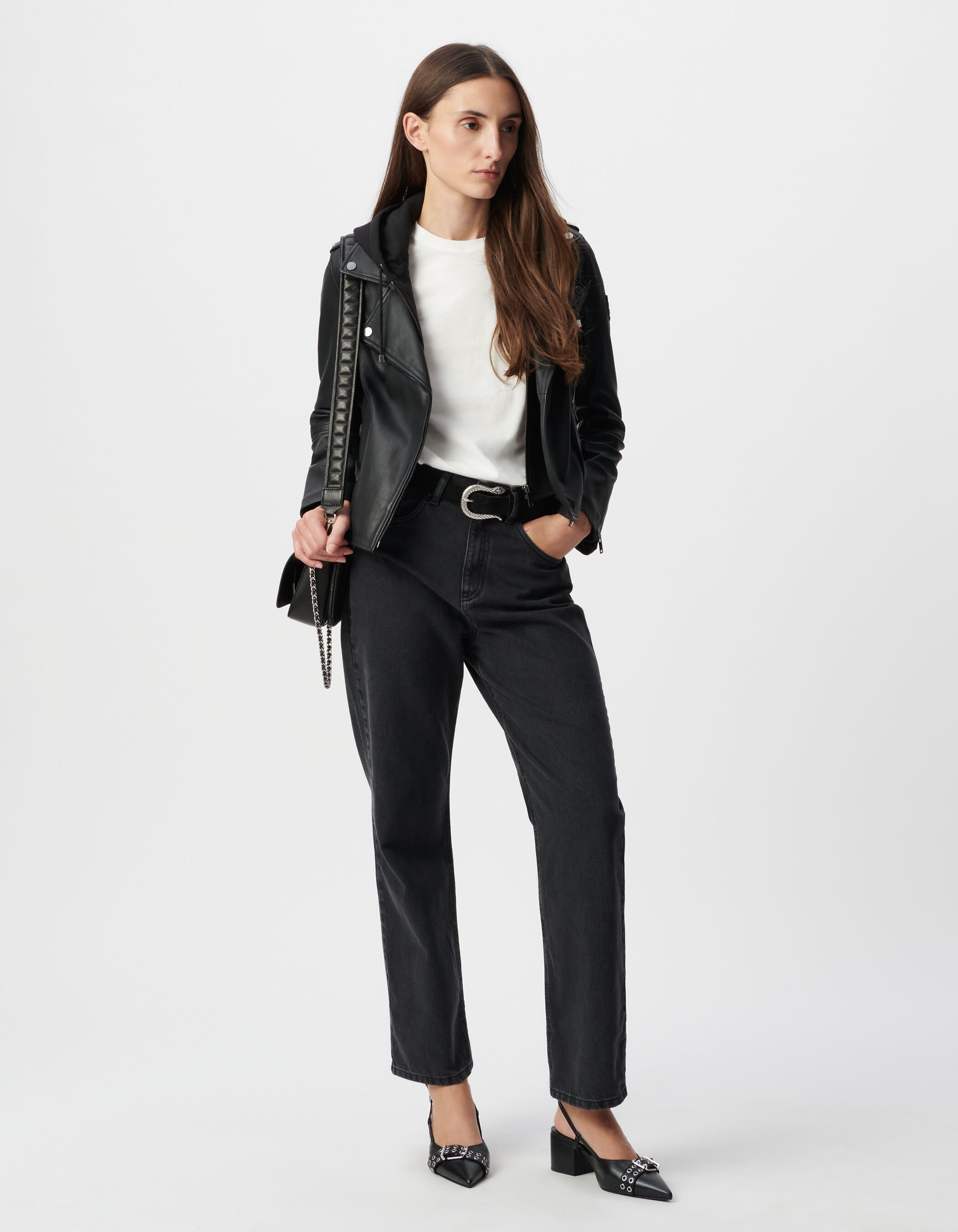 Blouson noir cuir esprit motard capuche amovible Femme
