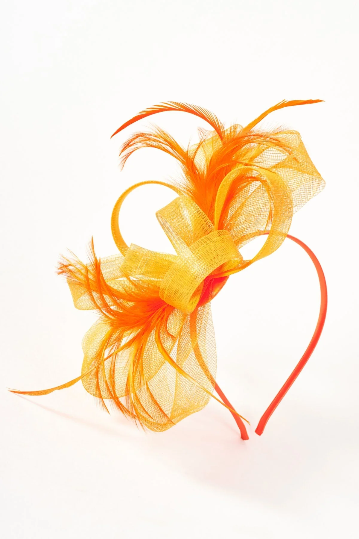 Orange Net Bow & Feather Fascinator