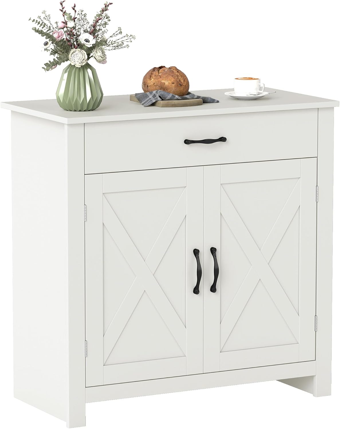 HOMCOM Farmhouse Sideboard Buffet Cabinet, Barn Door Coffee Bar Cabinet with Drawer and Adjustable Shelf for Kitchen, Living Room, Entryway, White Wash