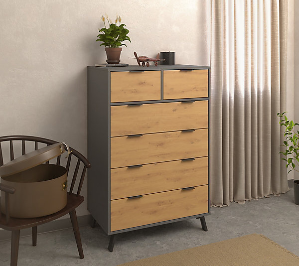 Commode, meuble de rangement avec 6 tiroirs coloris gris, chêne - Hauteur 122 x Longueur 80 x profondeur 48 cm