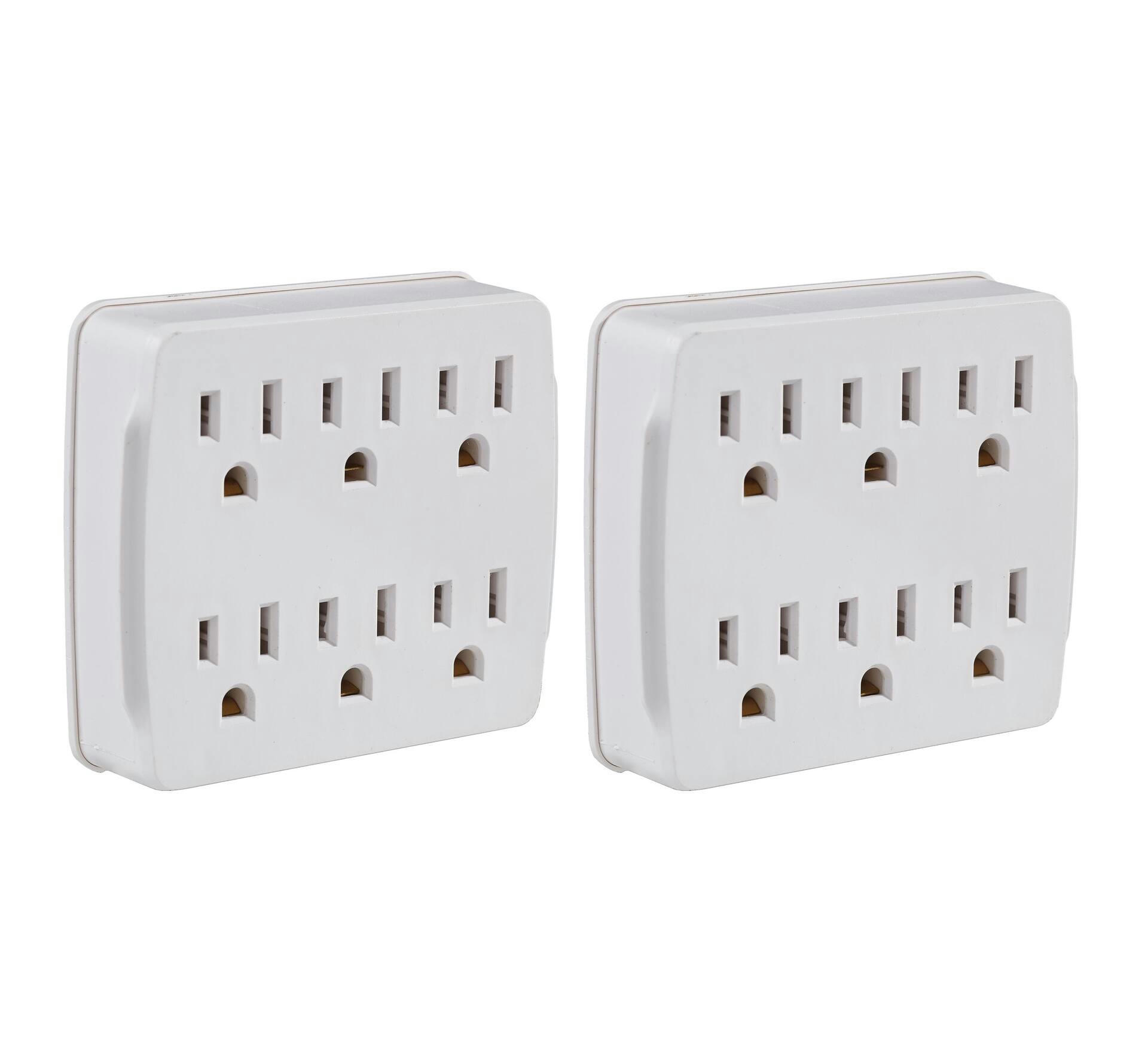Certified 6-Outlet Extender Wall Tap, 2-pk, Grounded Adapter, 3-Prong, White