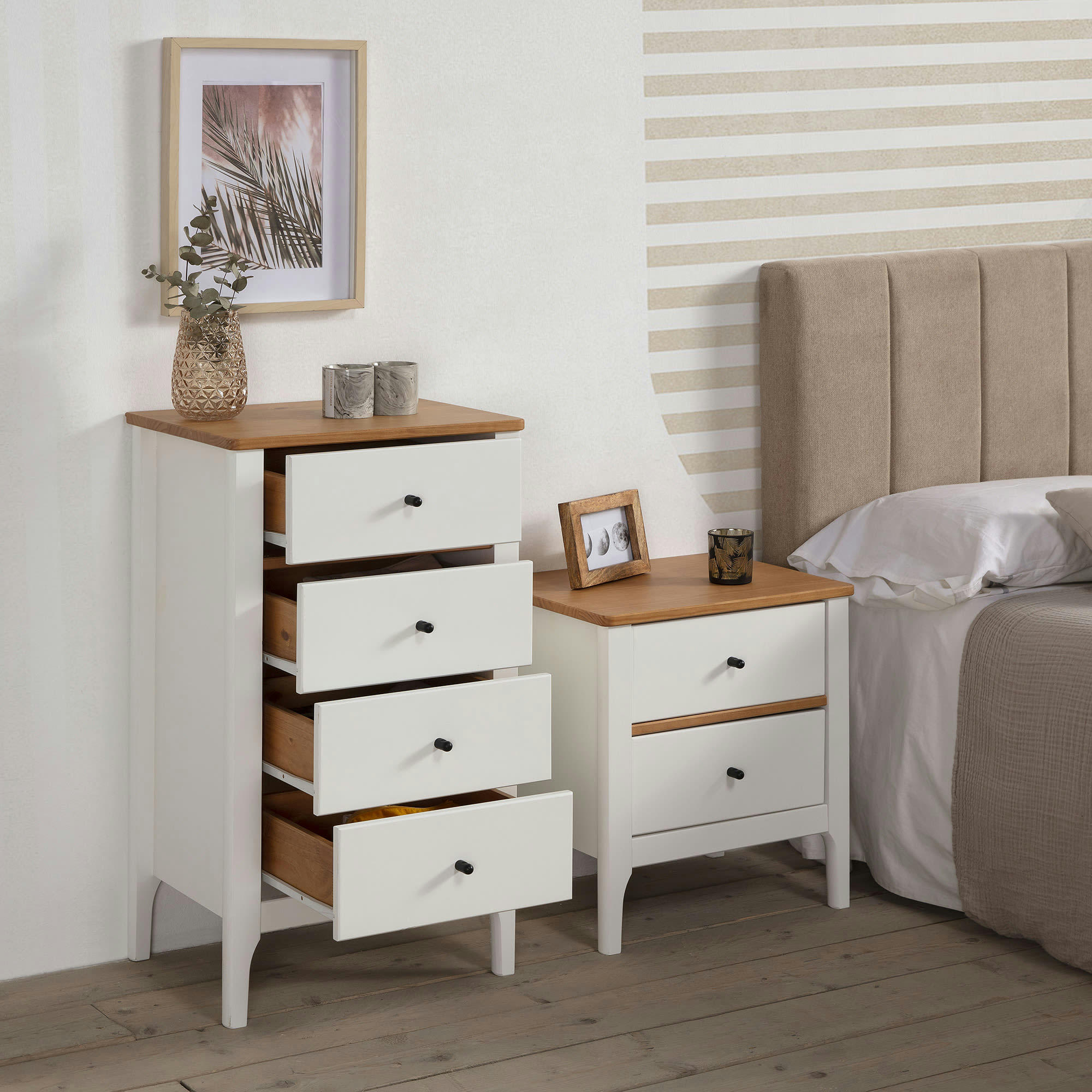 LUCA - Chiffonnier nuit 4 tiroirs dans tiroirs blanc/chêne, 46 cm longueur