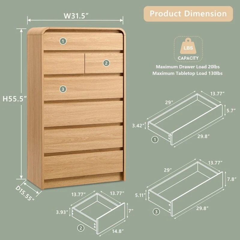 Modern 7-Tier Wooden Drawer Dresser, 55-Inch Tall with Curved Profile Design