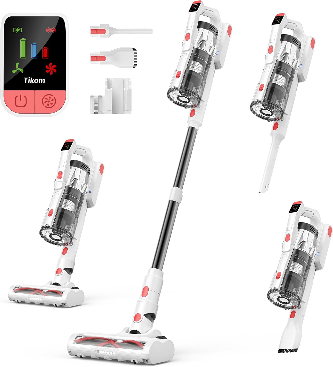 Tikom V750 Cordless Vacuum Cleaner for Home, 45000Pa/500W Stick Vacuum with LED Display, Charging Wall Dock, Anti-Tangle, Lightweight Handheld Vacuum for Pet Hair, Hard Floor, Carpet, White