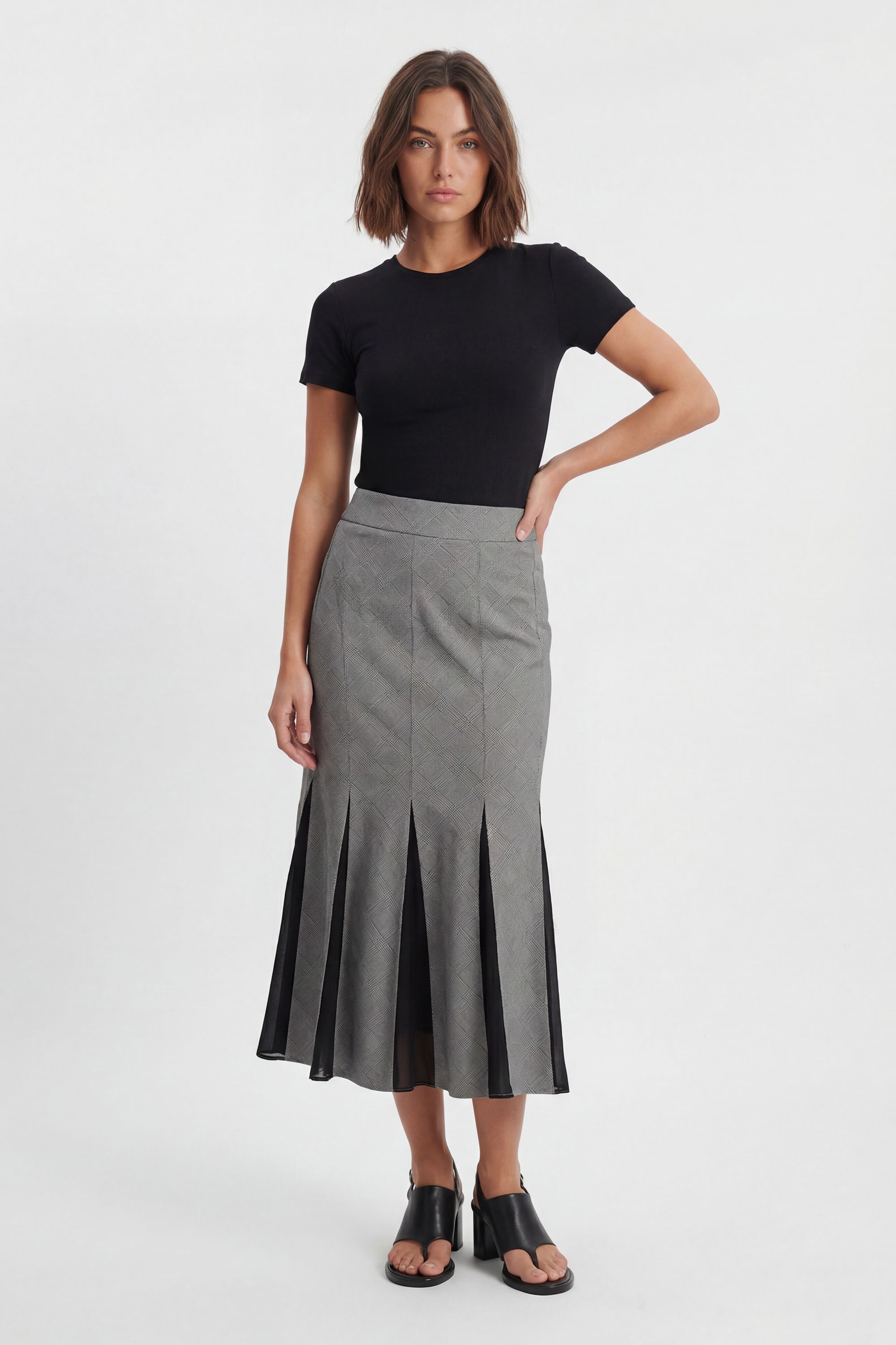 KarenMillen Petite Soft Tailored Check Godet Detail Midi Skirt