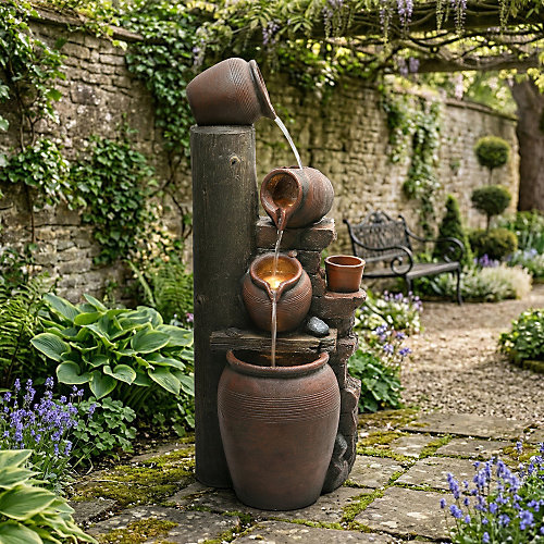 Fontaine de jardin cascade 4 niveaux - Design jarres rustiques avec LED et pompe 600L/h - Marron terre cuite