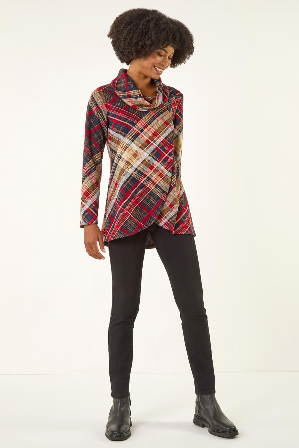 Roman Plaid Cowl Neck Buttoned Top
