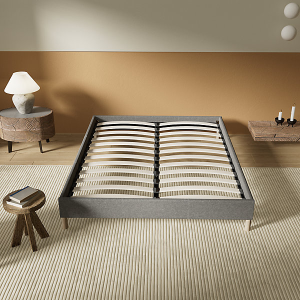 Lit avec sommier lattes en bois - 160x200 cm - Tissu Gris - Pieds en bois