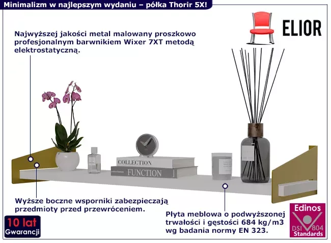 Wisząca półka z metalowymi wspornikami złoty   biały - Avska