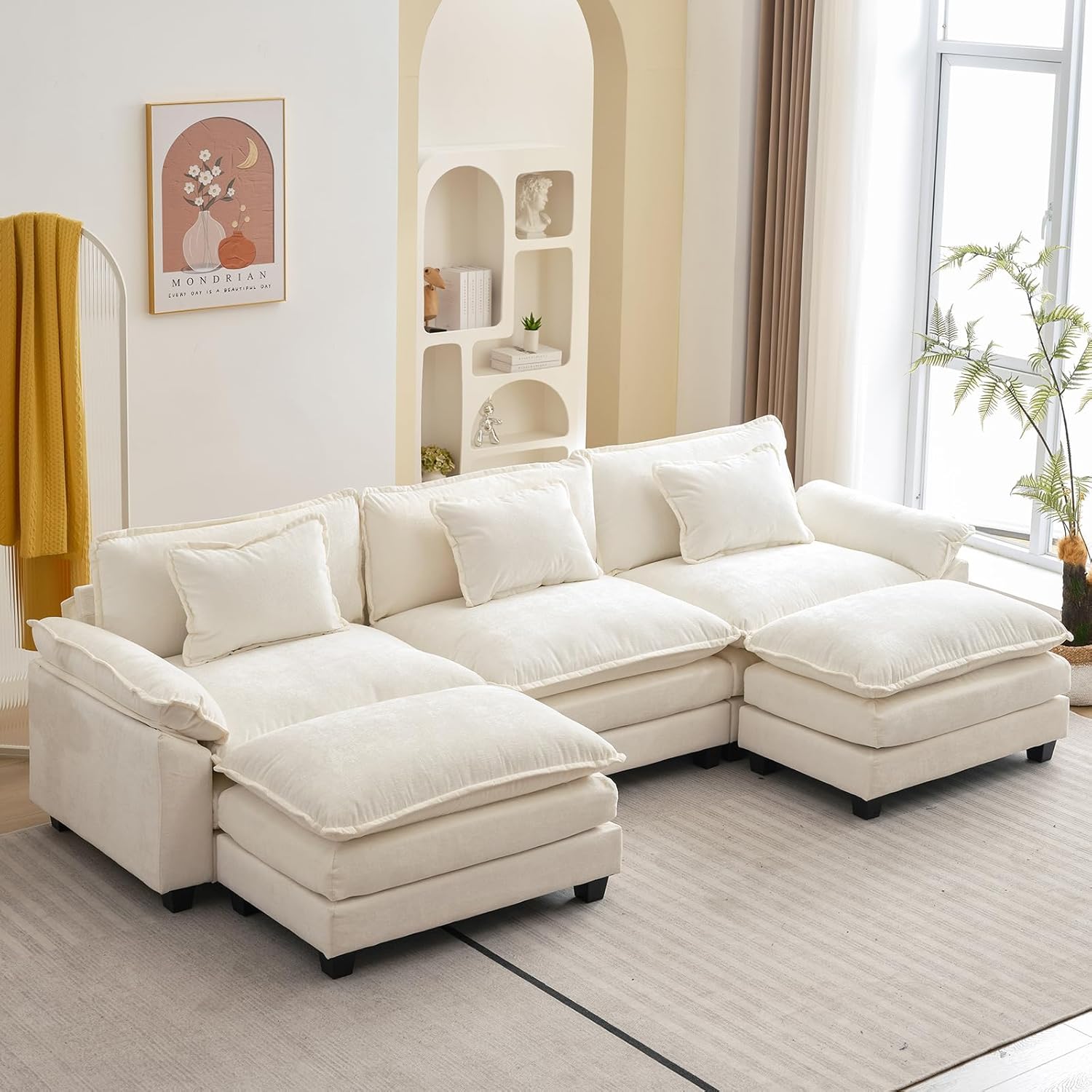 120 Modular Sectional Sofa, Comfy Cloud Couch Sectional Sofa with Ottoman, Chenille Sofa Sleeper Deep Seat Sofa with Throw Pillows for Living Room (Beige White, 120- U Shape)