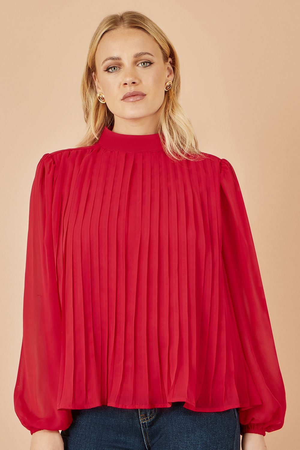 Yumi Plum Pleated Long Sleeve Top With High Neck