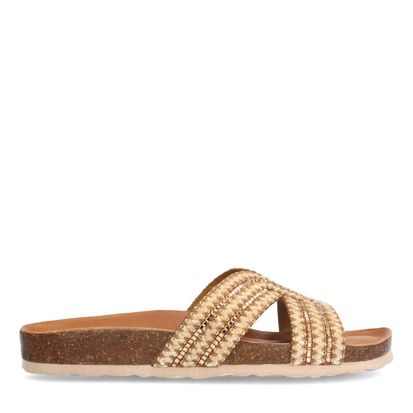 Manfield Beige raffia slippers met glittersteentjes