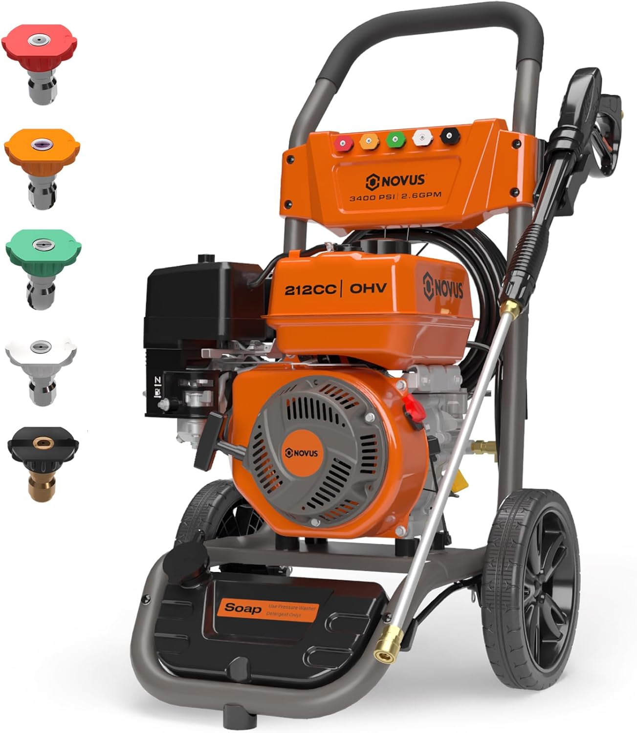 NOVUS Gas Pressure Washer 3400 PSI  2.6 GPM Power Washer with 30FT Extra-Long Hose  5 Nozzles  Onboard Soap Tank  212CC Engine  Spray Gun and Wand  for Vehicles Driveways Patios Fences Furniture