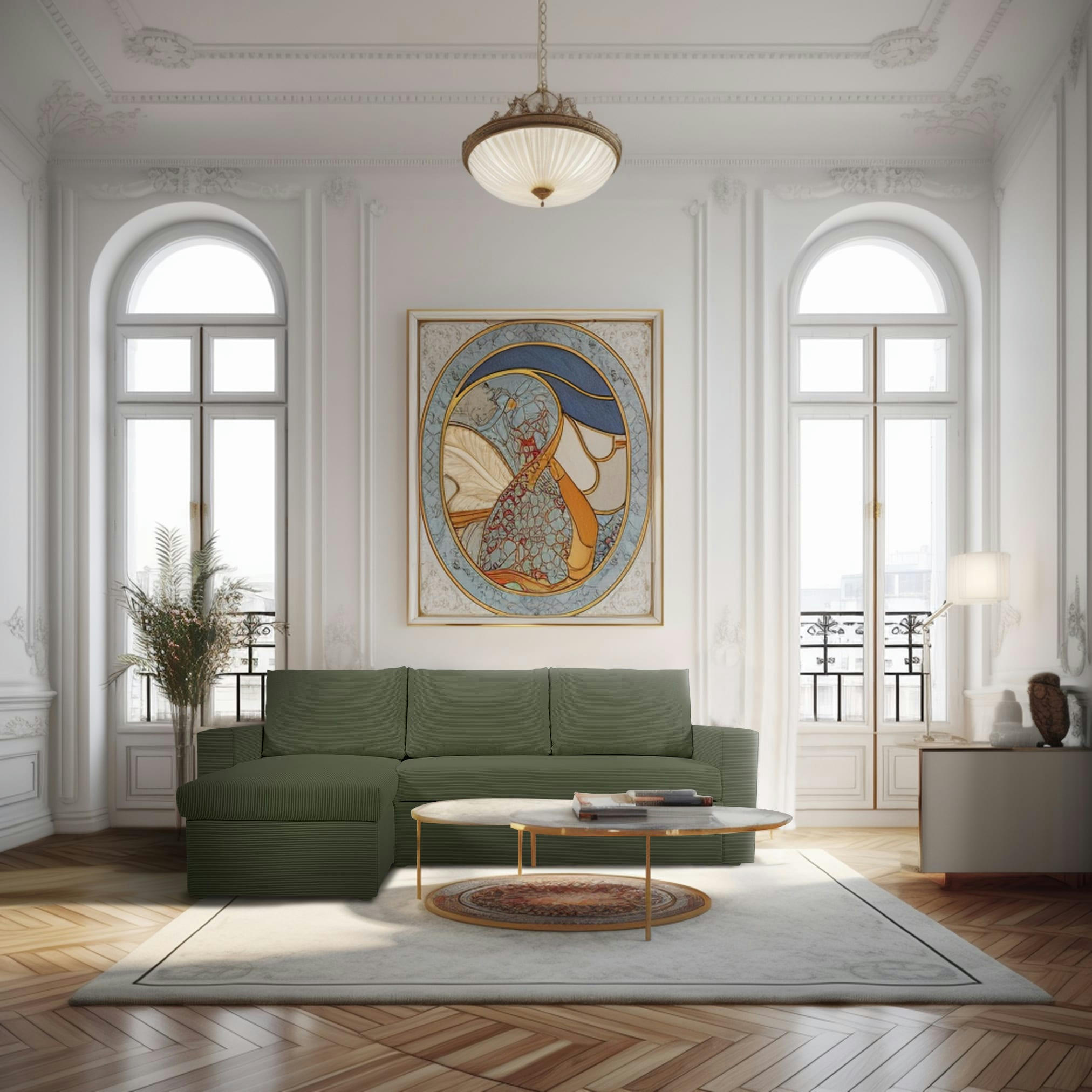 ALEDO - Canapé d'angle convertible 4 places en velours côtelé vert kaki