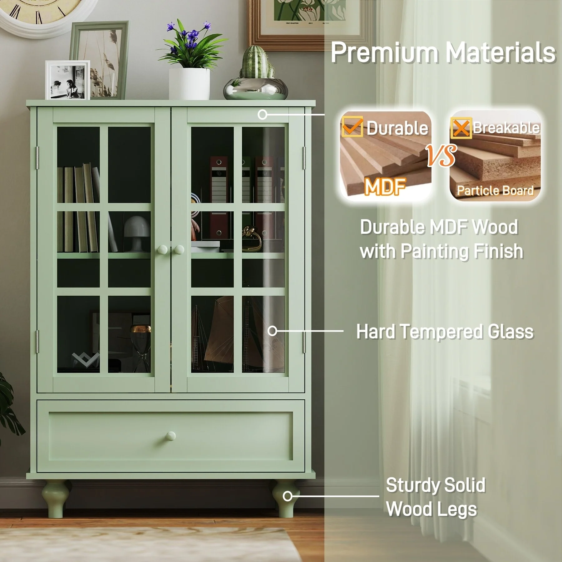 Minimalism Buffet Cabinet with Double Glass Doors and Drawer