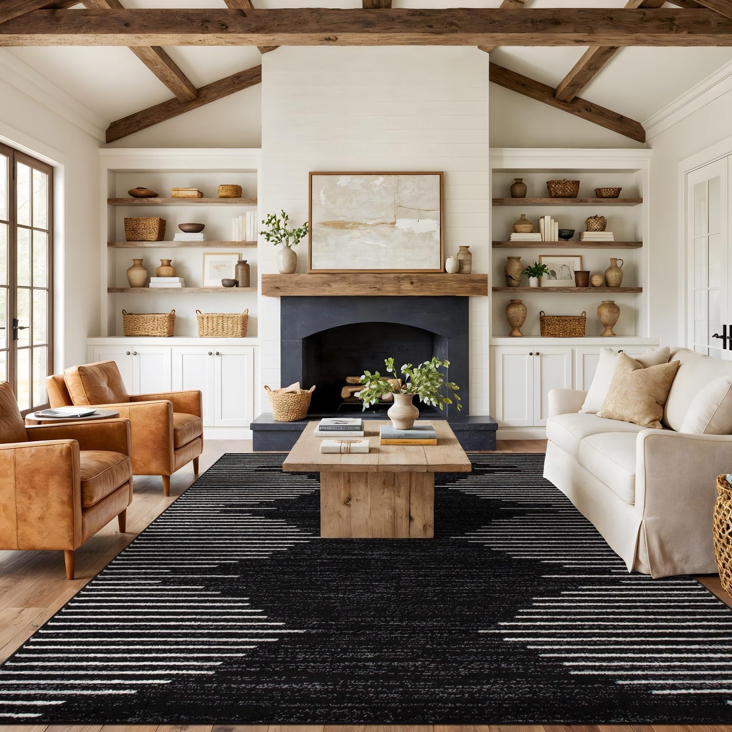 Rugshop Bohemian Stripe Stain Resistant High Traffic Living Room Kitchen Bedroom Dining Home Office Area Rug 10' x 14' Black