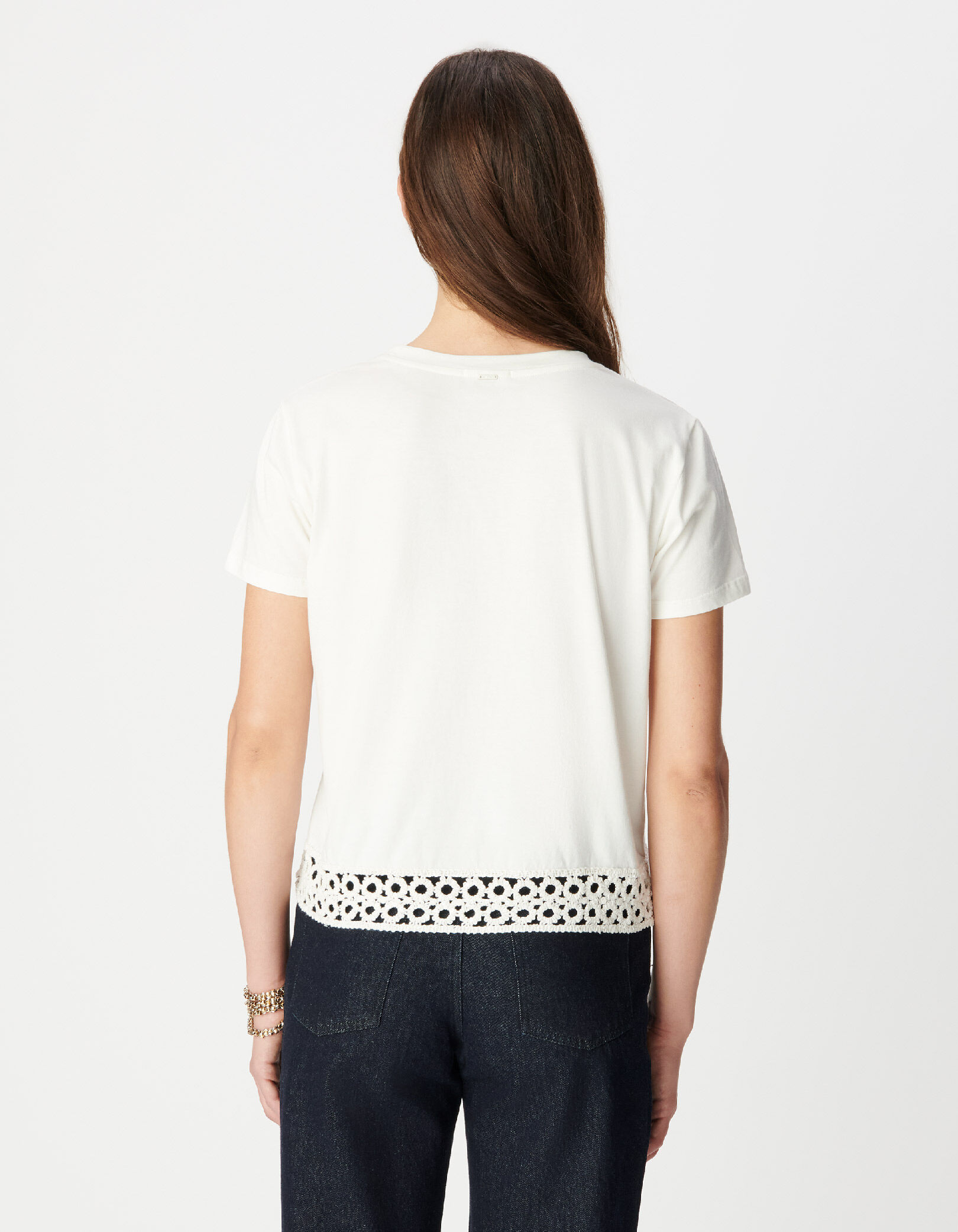 Tee-shirt col rond blanc détail crochet et sequins Femme