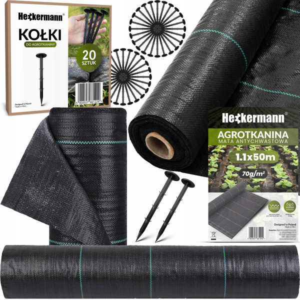 Zestaw Agrotkanina Heckermann 1,1x50m 70g/m2 Czarna   Kołki czarne 20 szt