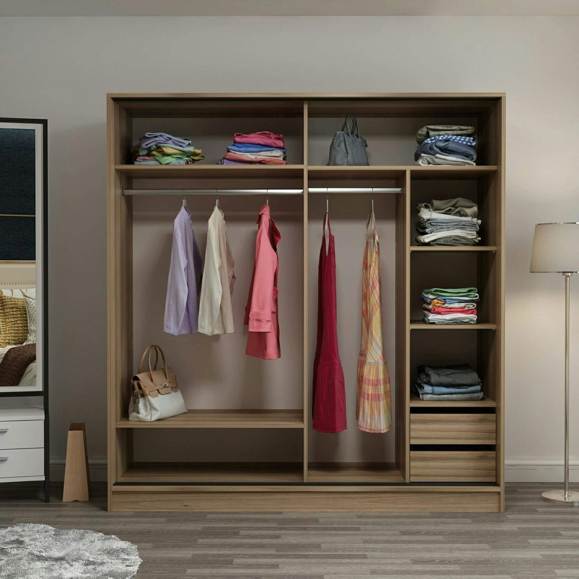 Armoire double penderie portes coulissantes, effet bois BYRON