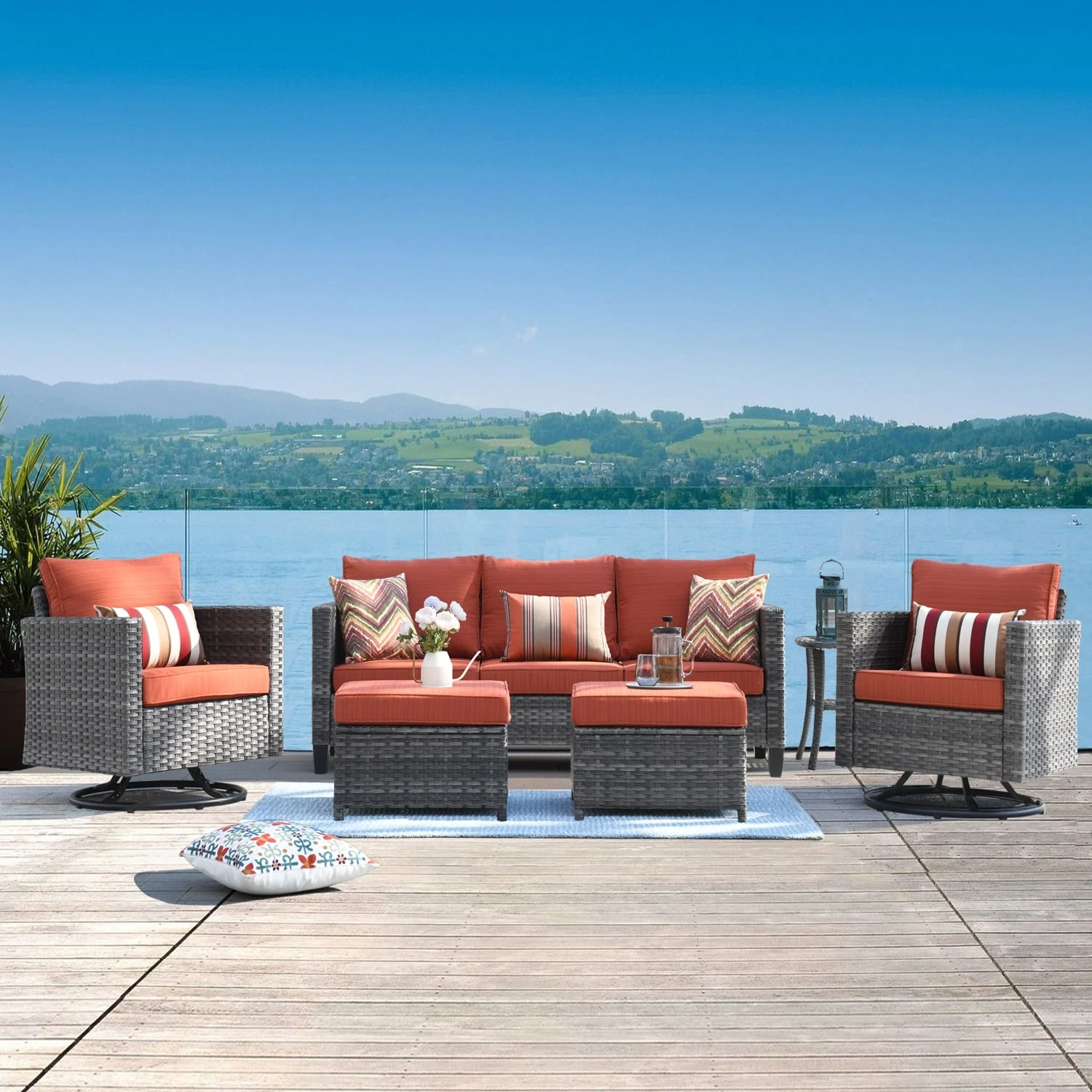 OVIOS 6-piece Patio Wicker Conversation Sofa Set with Swivel Rocking Chairs