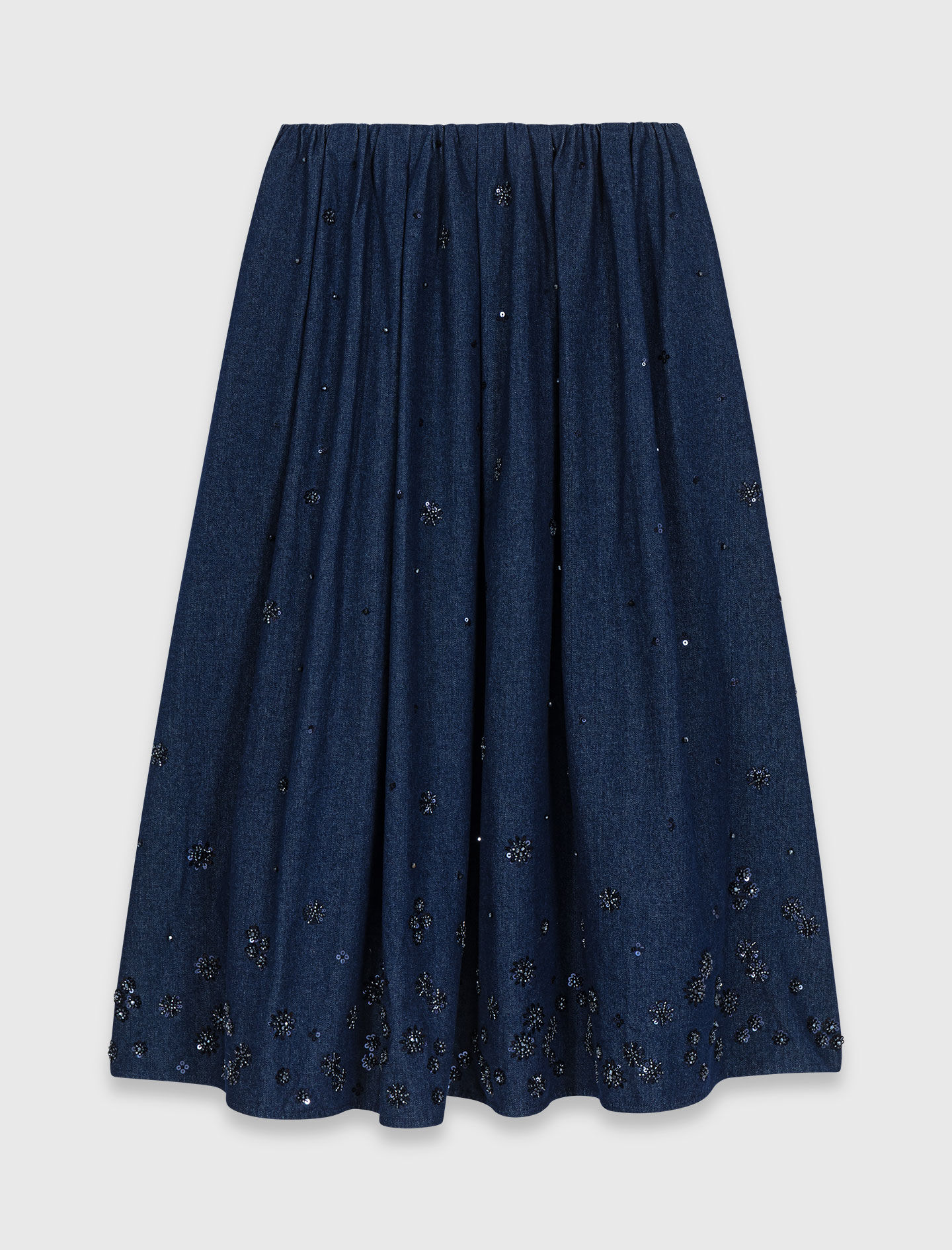 Jupe mi-longue en denim brodé