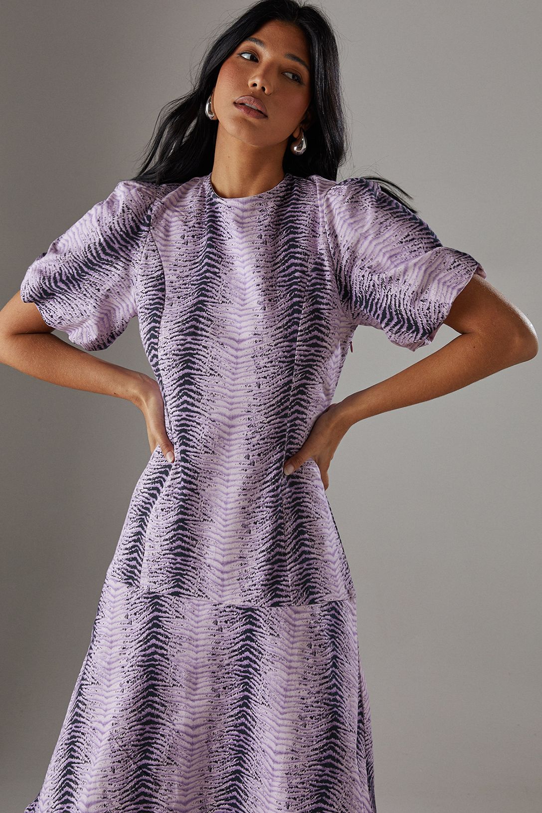 Warehouse Animal Twill Puff Sleeve Ruffle Hem Midi Dress