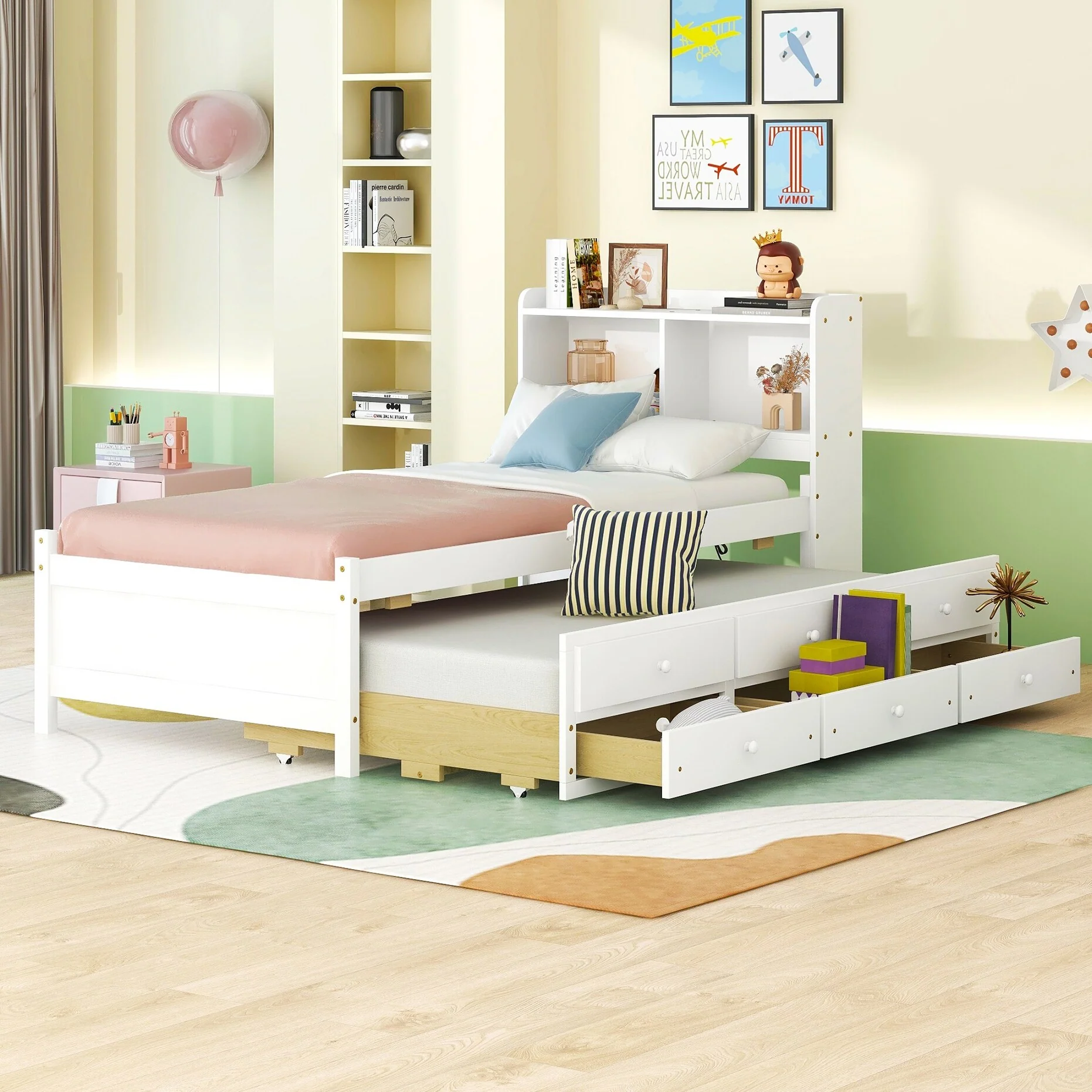 Twin Bed with USB, Type-C Ports, LED Lights, Trundle, and Storage Drawers