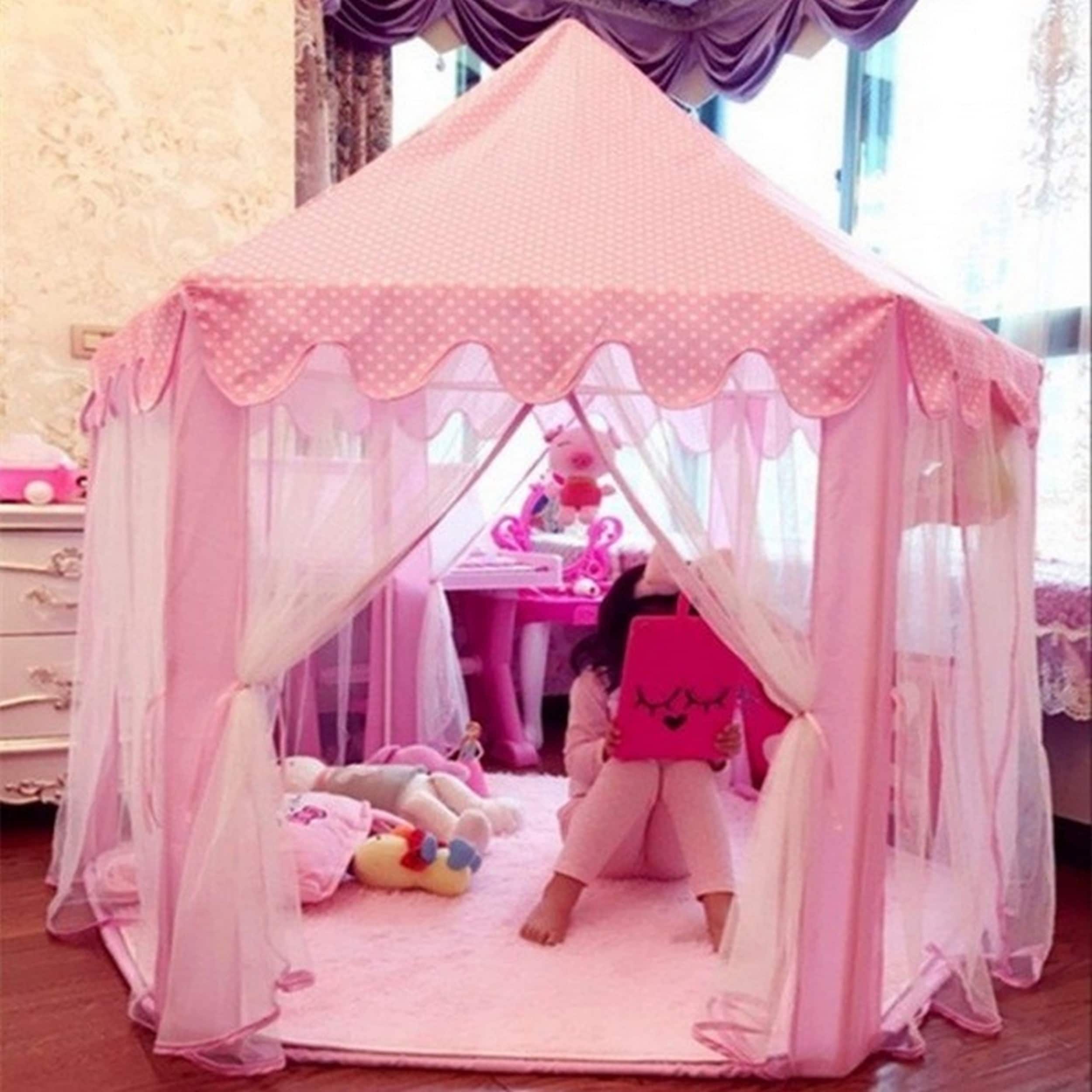 55'' x 53'' Girls Large Princess Castle Play Tent with Star Lights - Pink_2pc