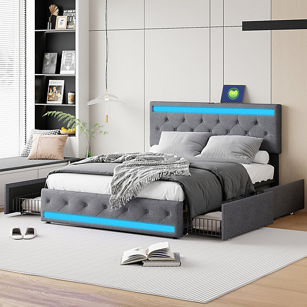 Lit Double Rembourré 160 X 200 Cm Avec 4 Tiroirs Et Sommier à Lattes En Bois Avec USB Et LED, Gris