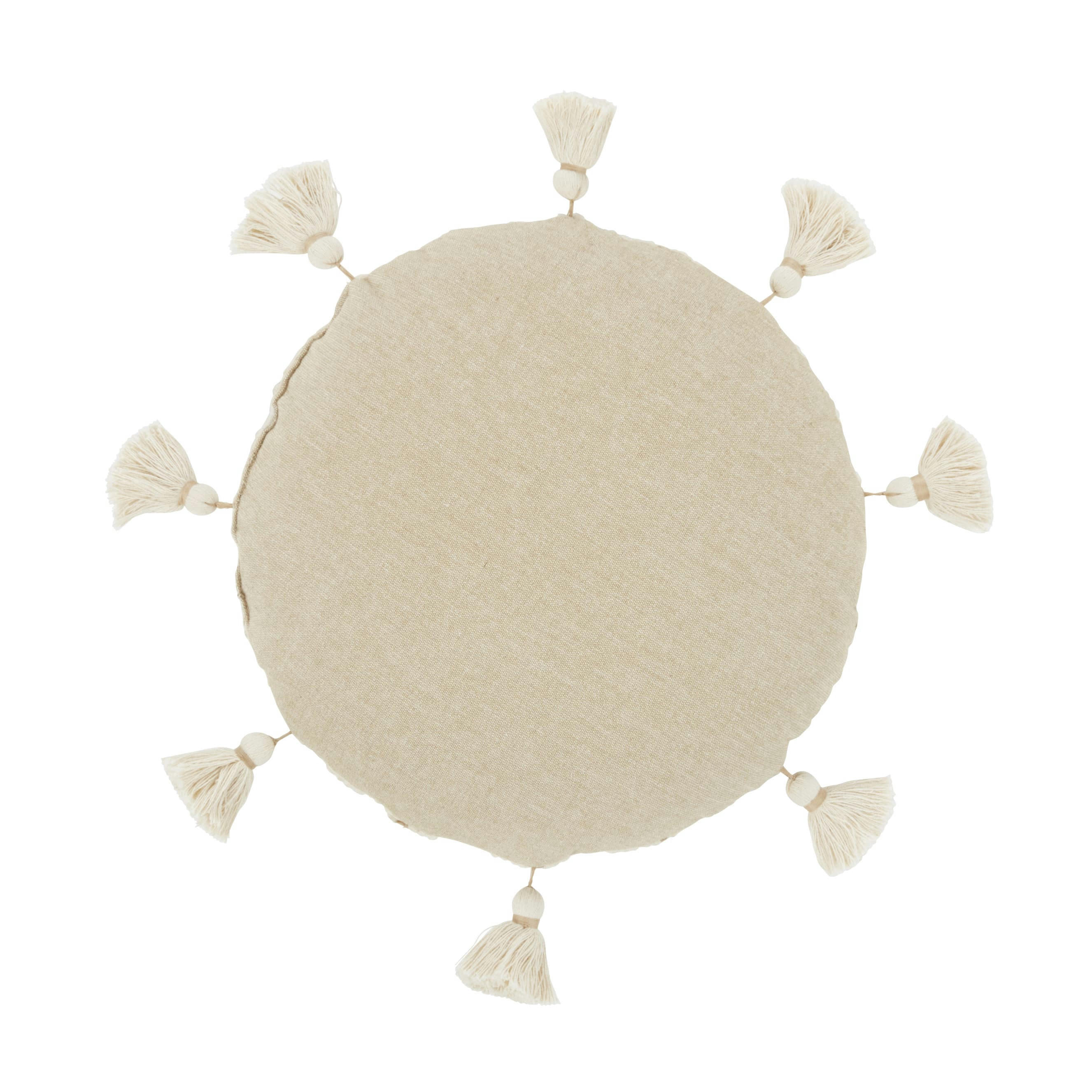 BALI - Coussin rond en coton et jute écru à pompons D35