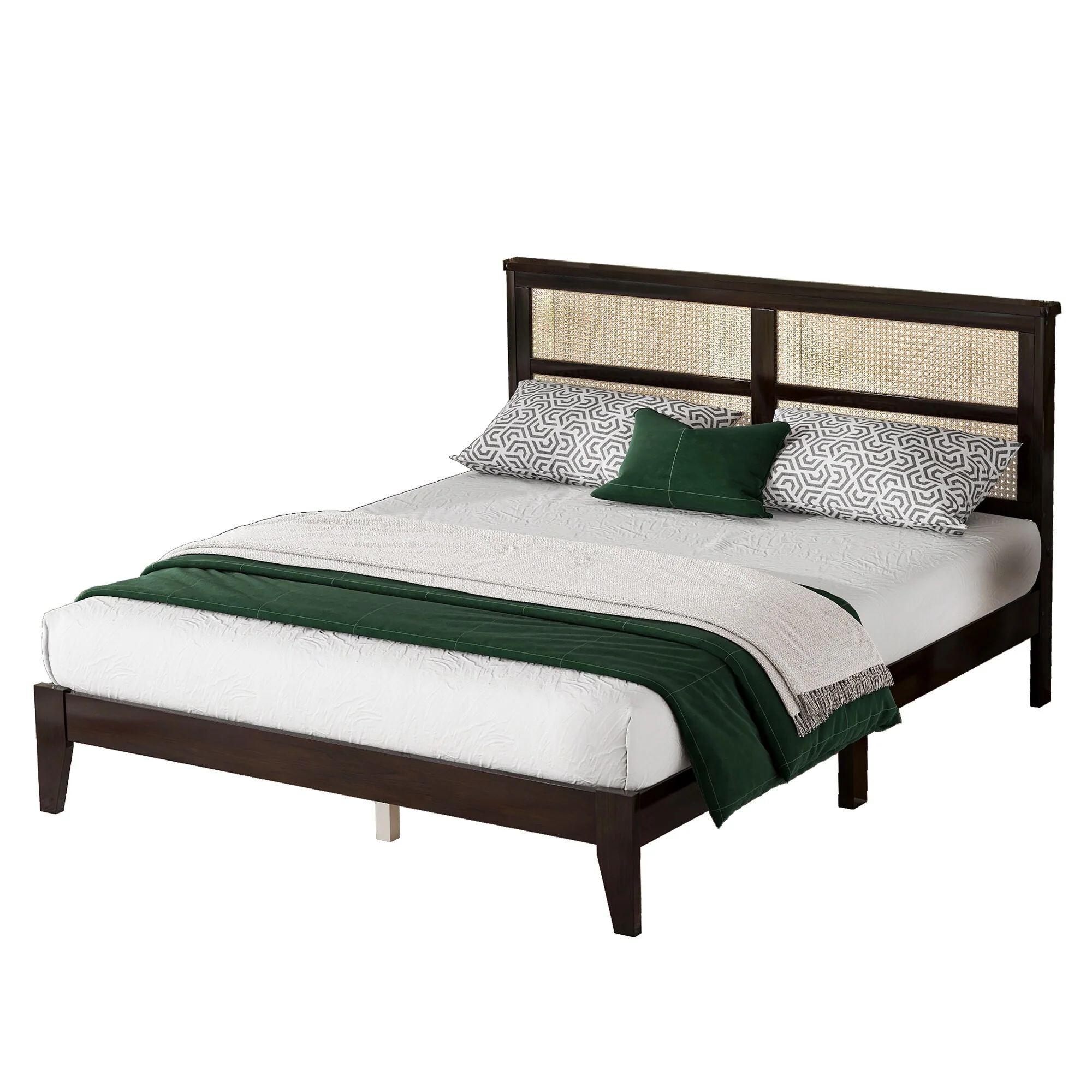 Solid Wooden Bed with Rattan Headboard