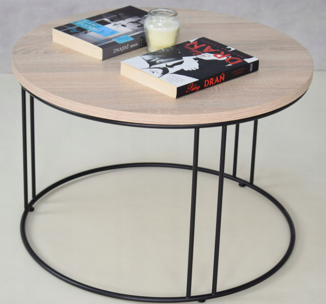 Okrągły Stolik Kawowy Z Drutu Do Salonu Loft 55x55x37 Czarny Dąb Sonoma