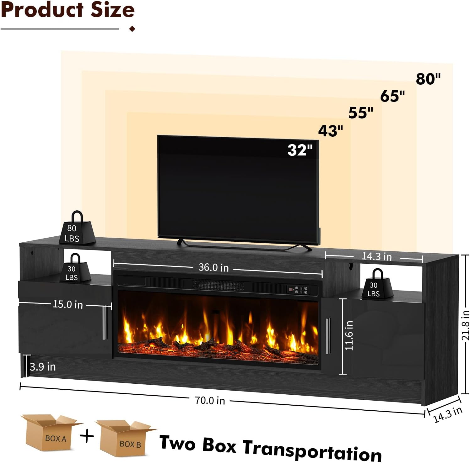 BREEZEHEAT 70 Electric Fireplace TV Stand for 80'' TV-Entertainment Center with 36'' Fireplace and Led Light-TV Table with Storage, High Glossy Door, Modern TV Console for Living Room, Black