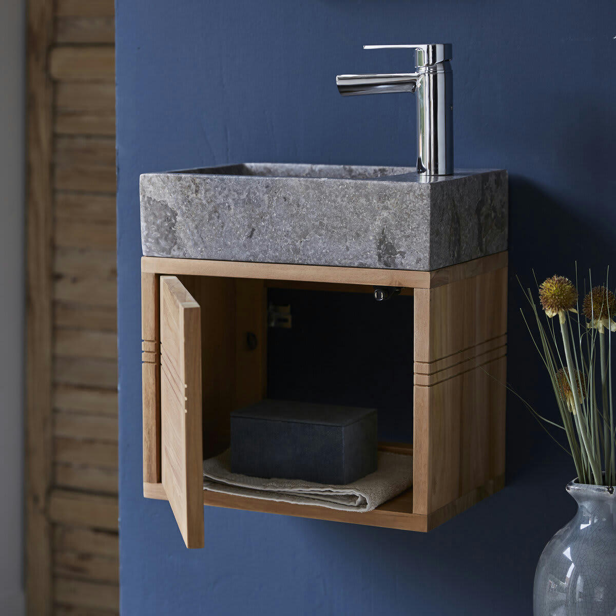 BASIC - Meuble Lave main en teck massif et marbre grey