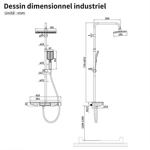 Colonne de Douche Thermostatique 38C avec Plateau de Rangement de 413mm Ensemble de Douche Noir Comprend une Douche de Tête