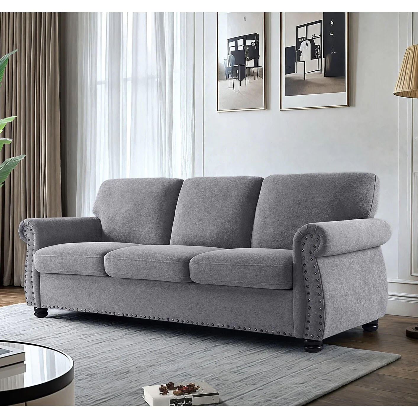 Soft Velvet Sofa, Upholstered 3 Seater Couch With High-Density Foam, Loose Back Cushions And Solid Wood Turned Legs