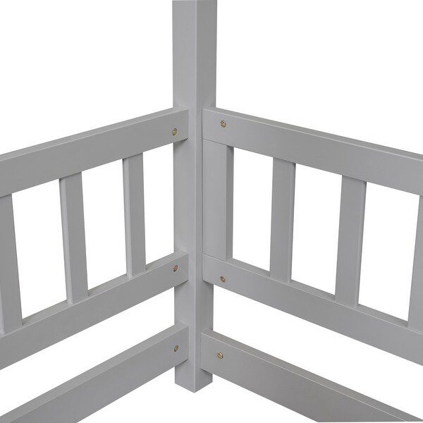 Twin/Full House Beds Wood Bed Frame, Kids Floor Platform Bed with Pine Wood Roof and Fence, Cabin Bed for Children Kids