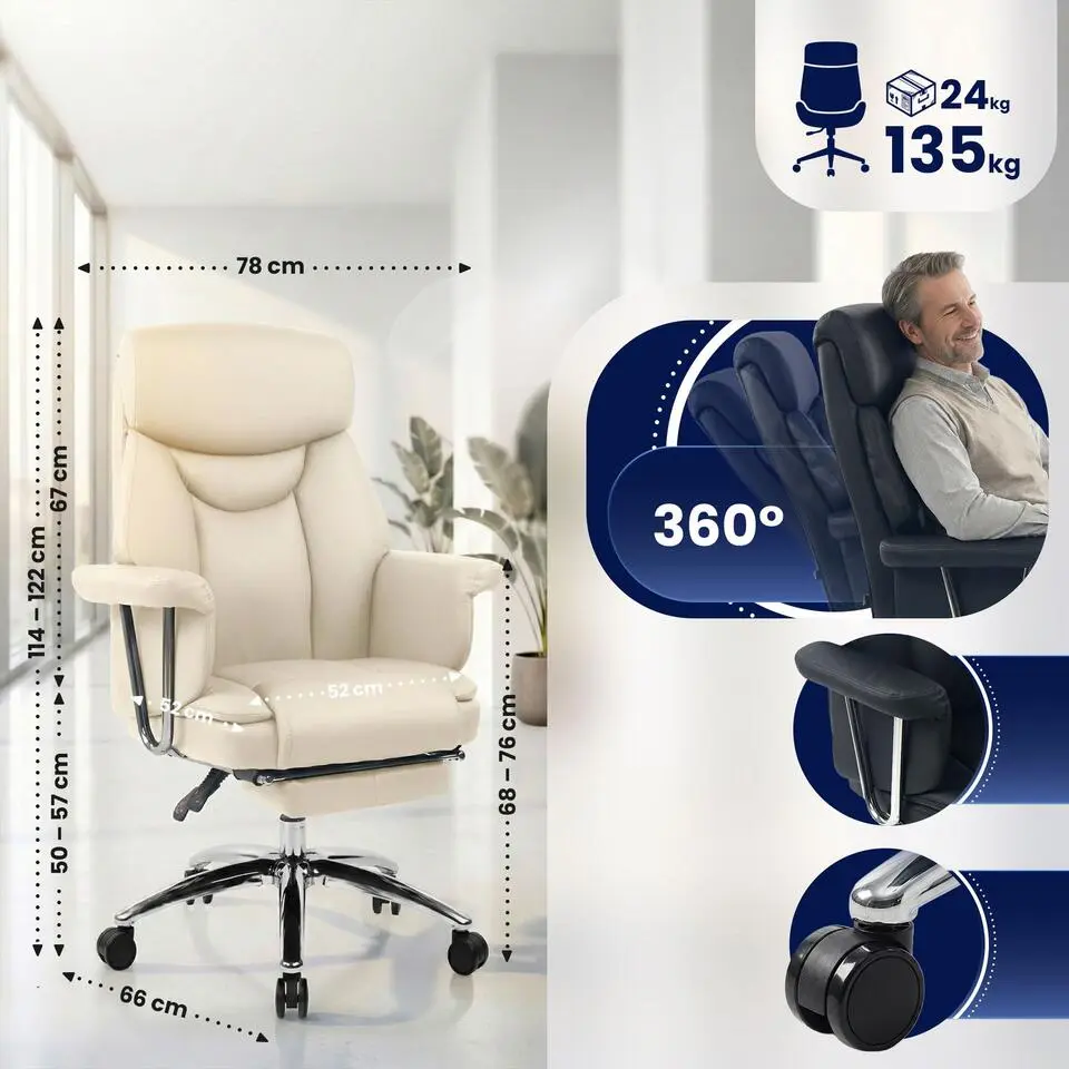 CLP Bureaustoel Dahra chroom Frame - Echt leer - creme