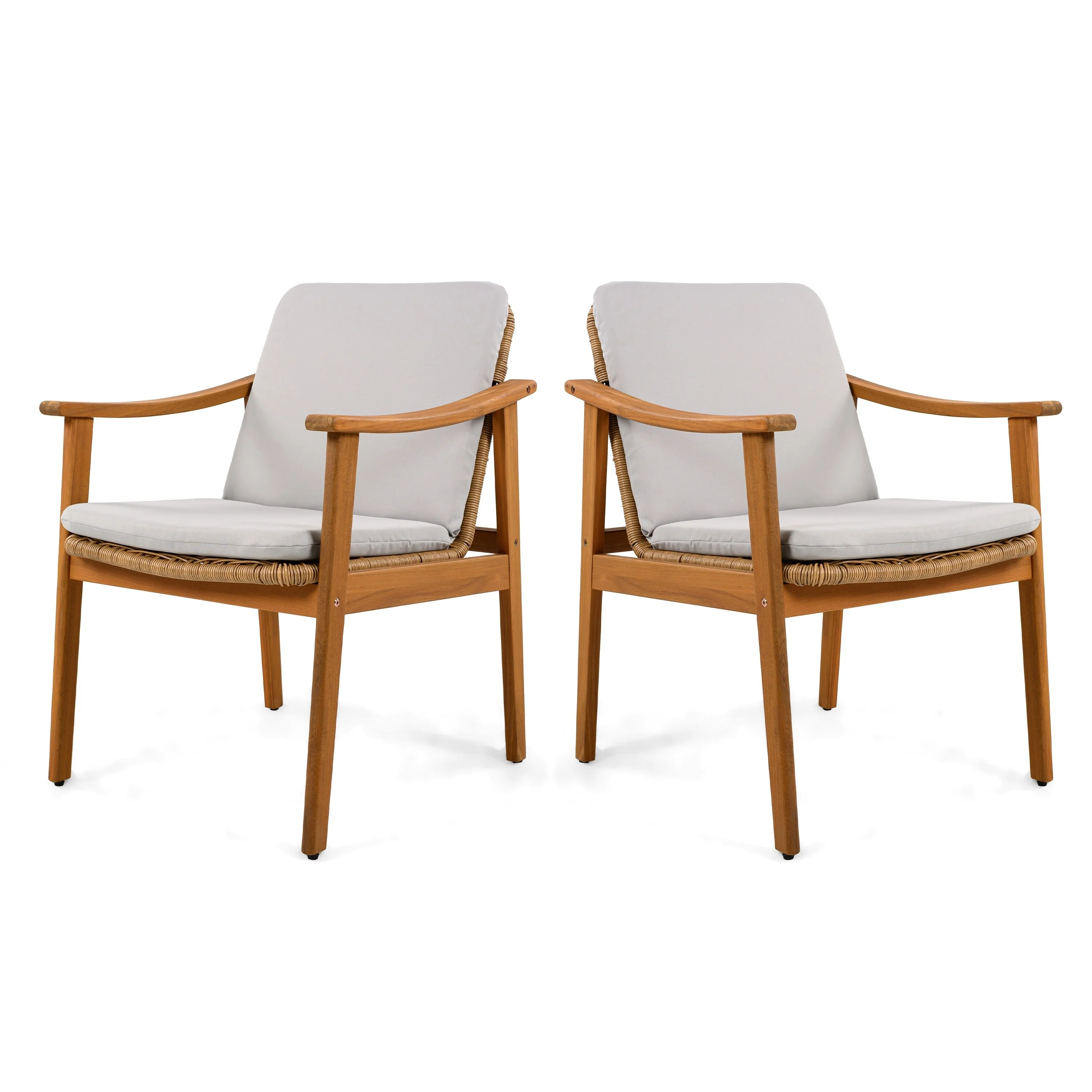 Outdoor Dining Chairs Set Of 2,Teak Color Acacia Wood Frame,Pe Wicker,Waterproof Cushion,Ideal For Patios,Gardens