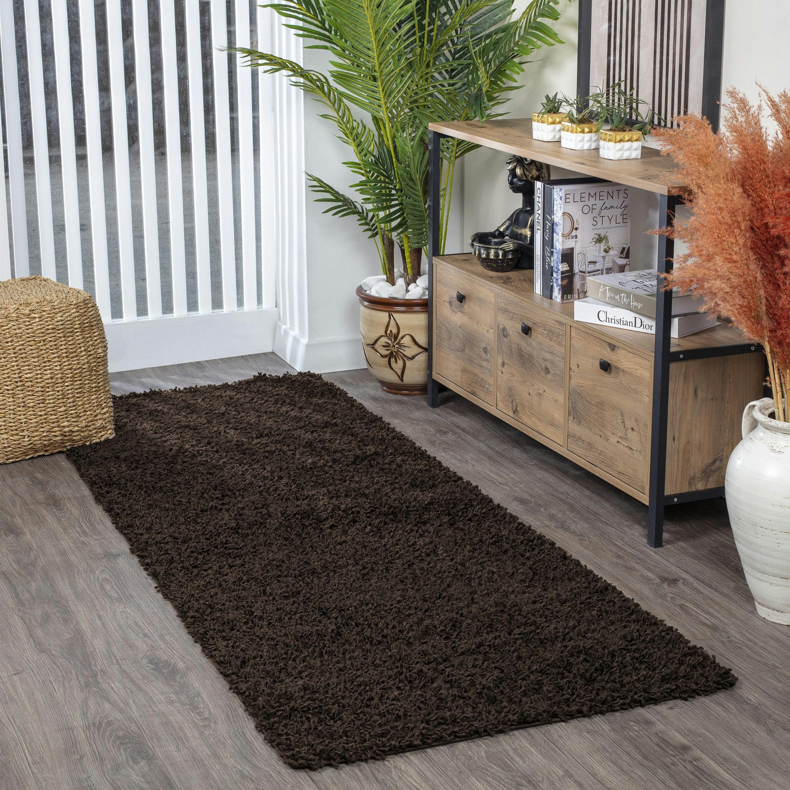 LILLY - Tapis de Couloir Shaggy Uni Chic Marron Foncé 80x220