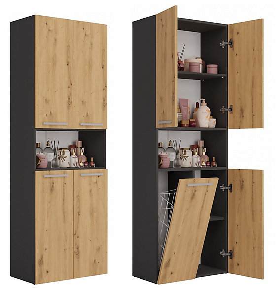 GLAZE - Armoire de salle de bain avec panier à linge - Style moderne - 174x60x30 cm - ANTHRACITE &CHÊNE