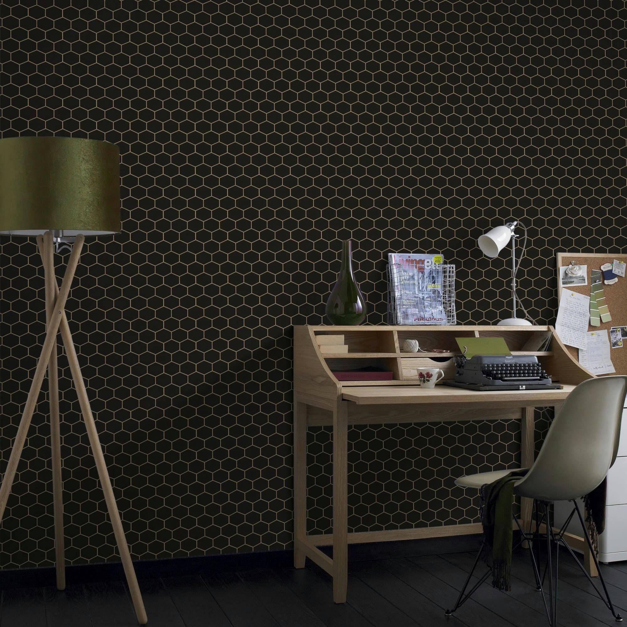 - Papier peint intissé hexagone geo grainé noir 1005x52cm