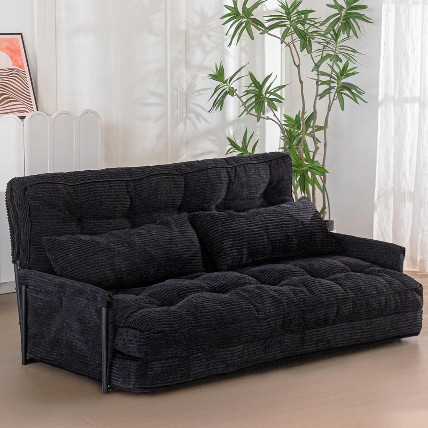 MAXYOYO Adjustable Floor Sofa Couch with 2 Pillows, Multi-Functional Bean Bag Bed, 5-Position Foldable Lazy Sofa Sleeper Bed with Armrest, Versatile Floor Seating for Reading, Black, Double