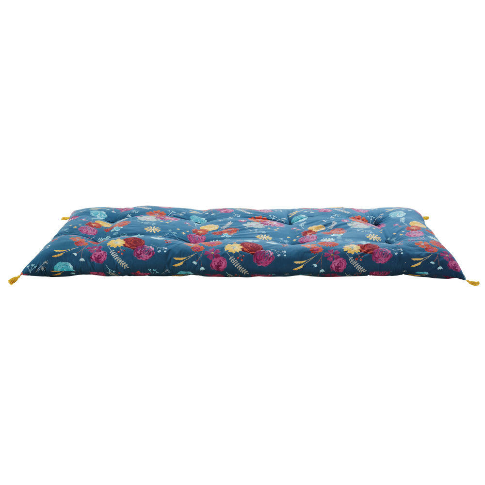 EGLANTINE - Matelas de sol en coton recyclé bleu pétrole motif floral 90x190