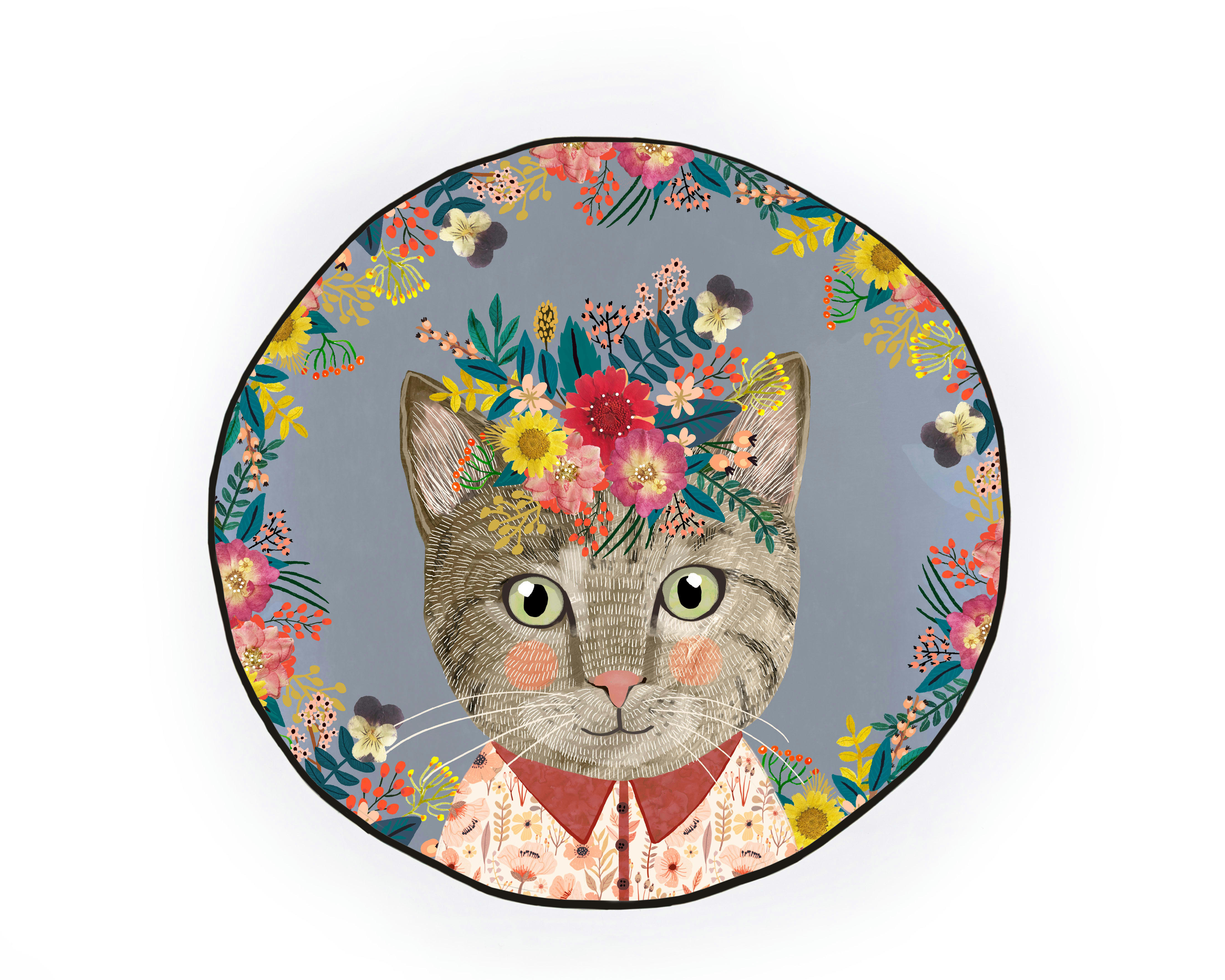 FLORAL CAT - Tapis enfants circulaire en piqué à imprimé chat floral